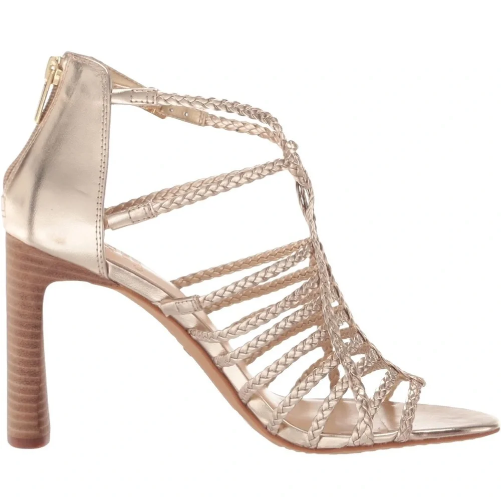 Vince Camuto Metallic Gold Braided Strappy Block Heel Sandals